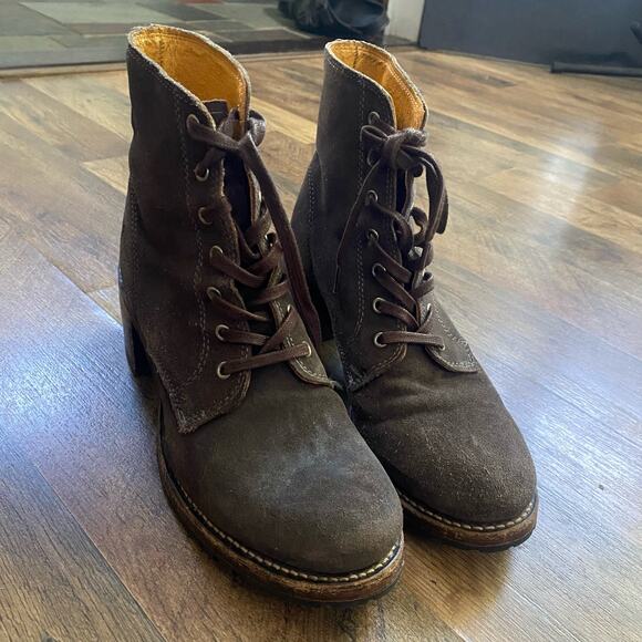 Frye Boots Sabrina Charcoal Suede Lace Up Block Heel Heeled Combat Bootie - Picture 8 of 11